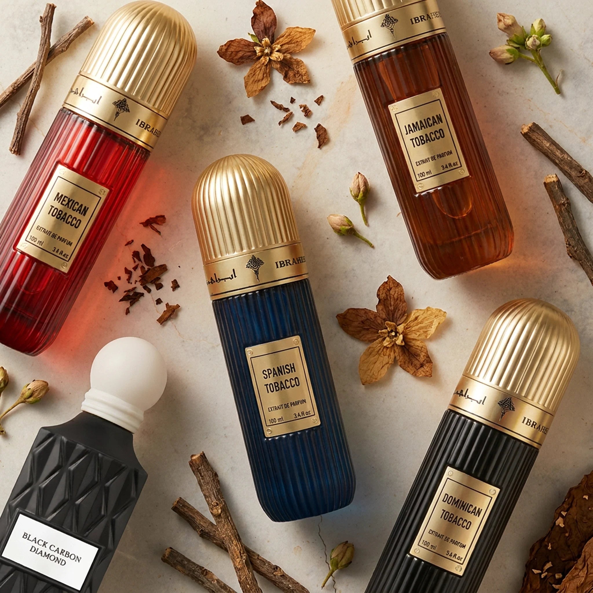 Collection of Ibraq 100ml Perfumes surrounded by tobacco plants and flowers
