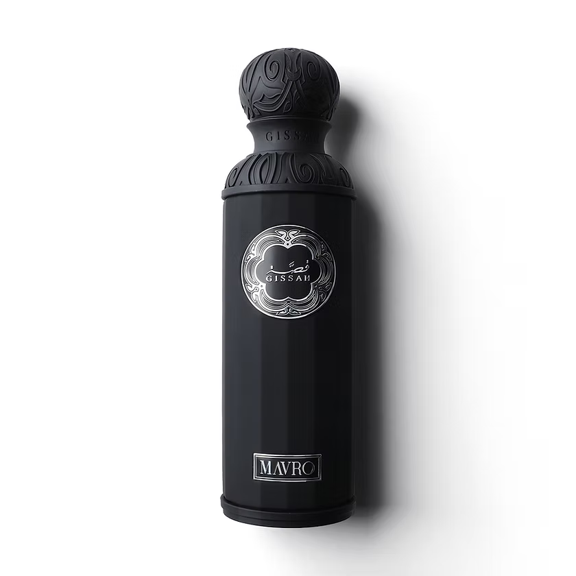 Gissah Mavro 200ml perfume black bottle with decorative top on a white background