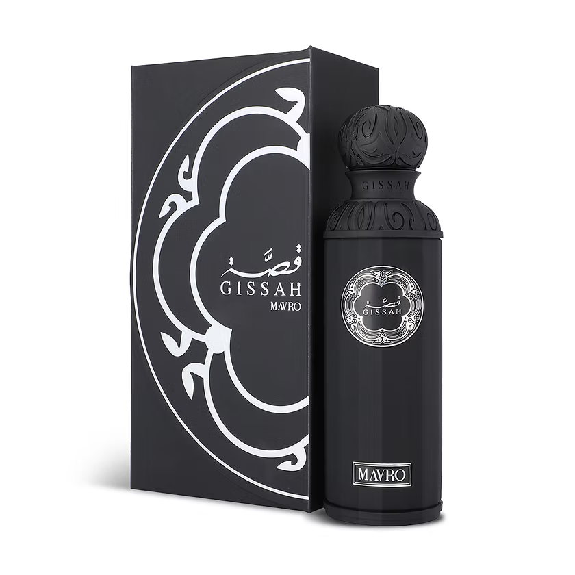 Gissah Mavro 200ml perfume bottle and packaging with 'Gissah' branding on a white background