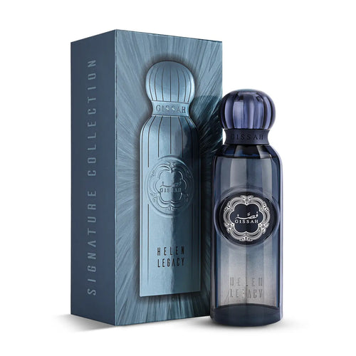 Gissah Helen Legacy 200ml blue perfume bottle and packaging with 'Helen Legacy' branding on a white background