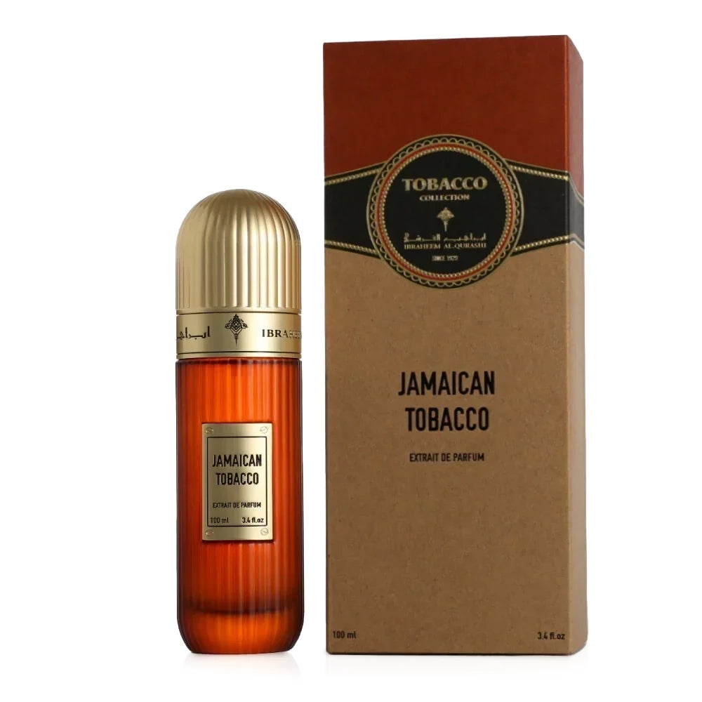 IBRAQ Jamaican Tobacco 100ml Extrait perfume bottle and packaging on a white background