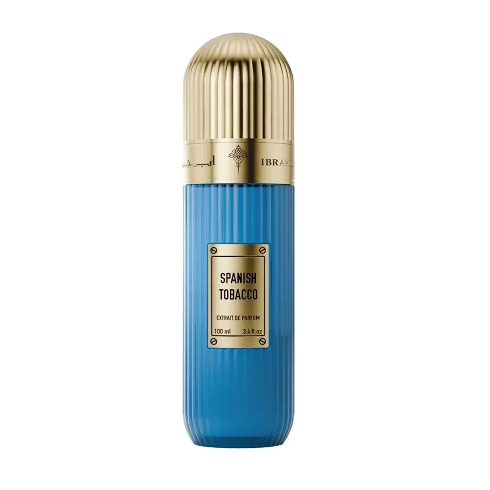 IBRAQ Spanish Tobacco 100ml blue perfume bottle with gold cap on a white background