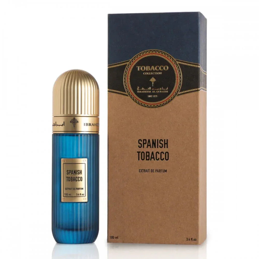 IBRAQ Spanish Tobacco 100ml blue perfume bottle with gold cap and packaging labeled 'Spanish Tobacco' on a white background