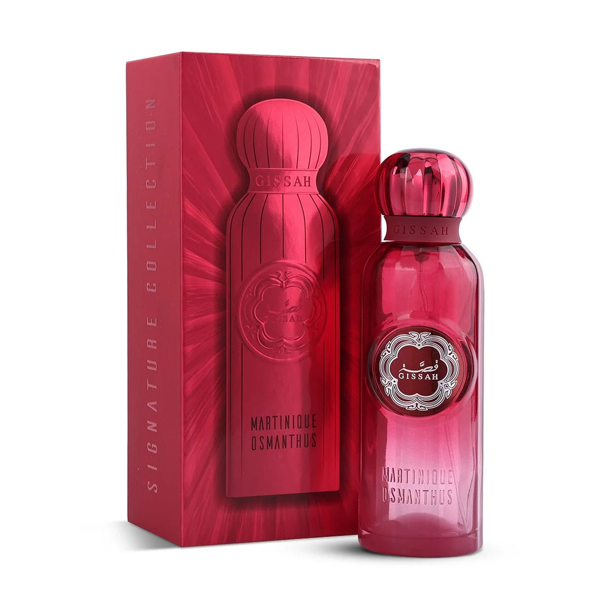 Gissah Martinique Osmanthus 200ml red perfume bottle and packaging with 'Gessah' branding on a white background