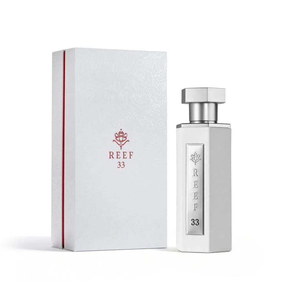 REEF 33 White 100ml perfume bottle and packaging on a white background