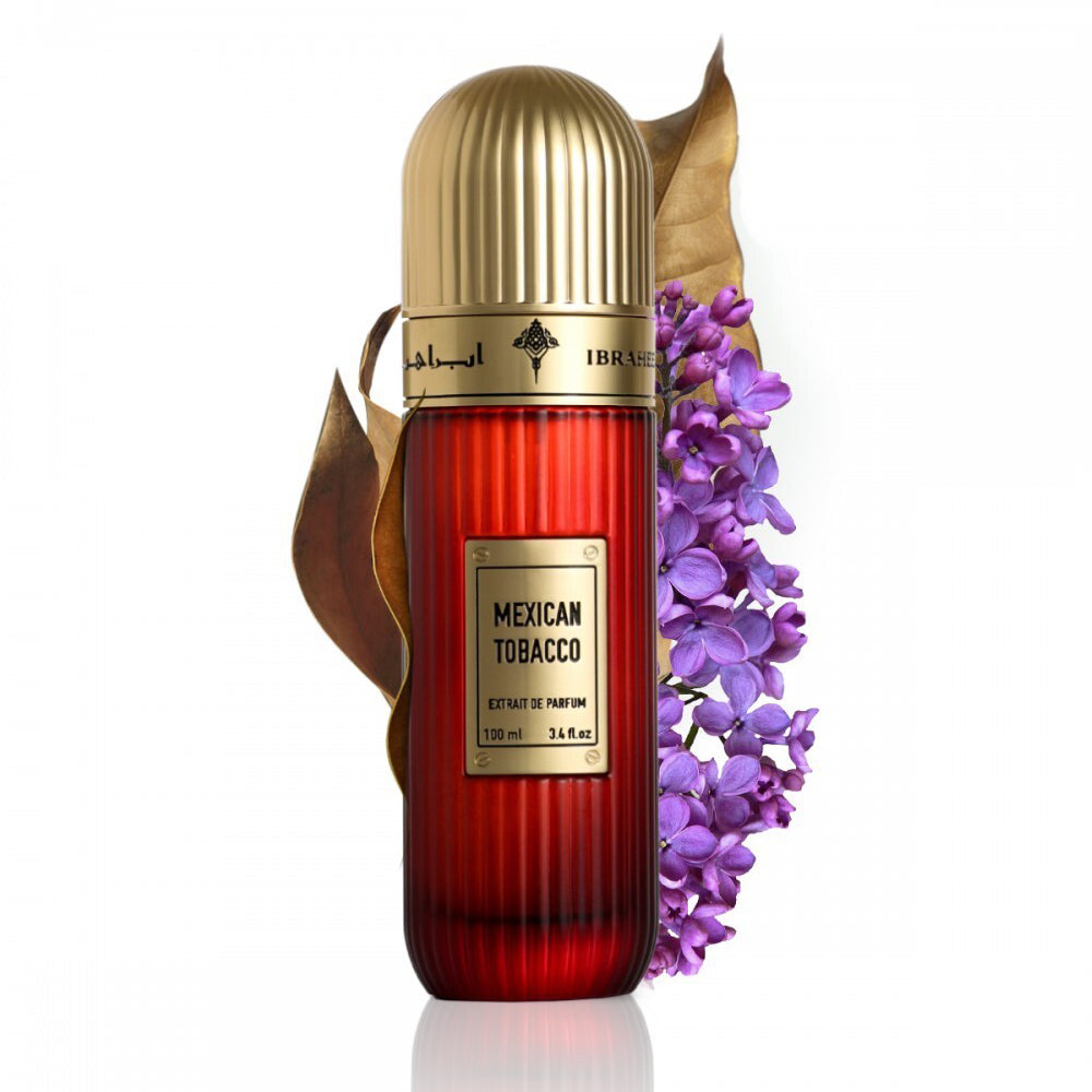 IBRAQ - Mexican Tobacco 100ml Extrait. Red perfume bottle with gold cap and 'Mexican Tobacco' label, surrounded by purple flowers on a white background.