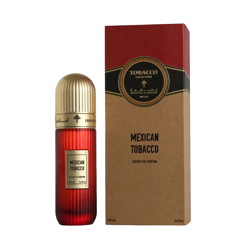 IBRAQ - Mexican Tobacco 100ml Extrait. Red and gold perfume bottle with 'Mexican Tobacco' packaging on a white background