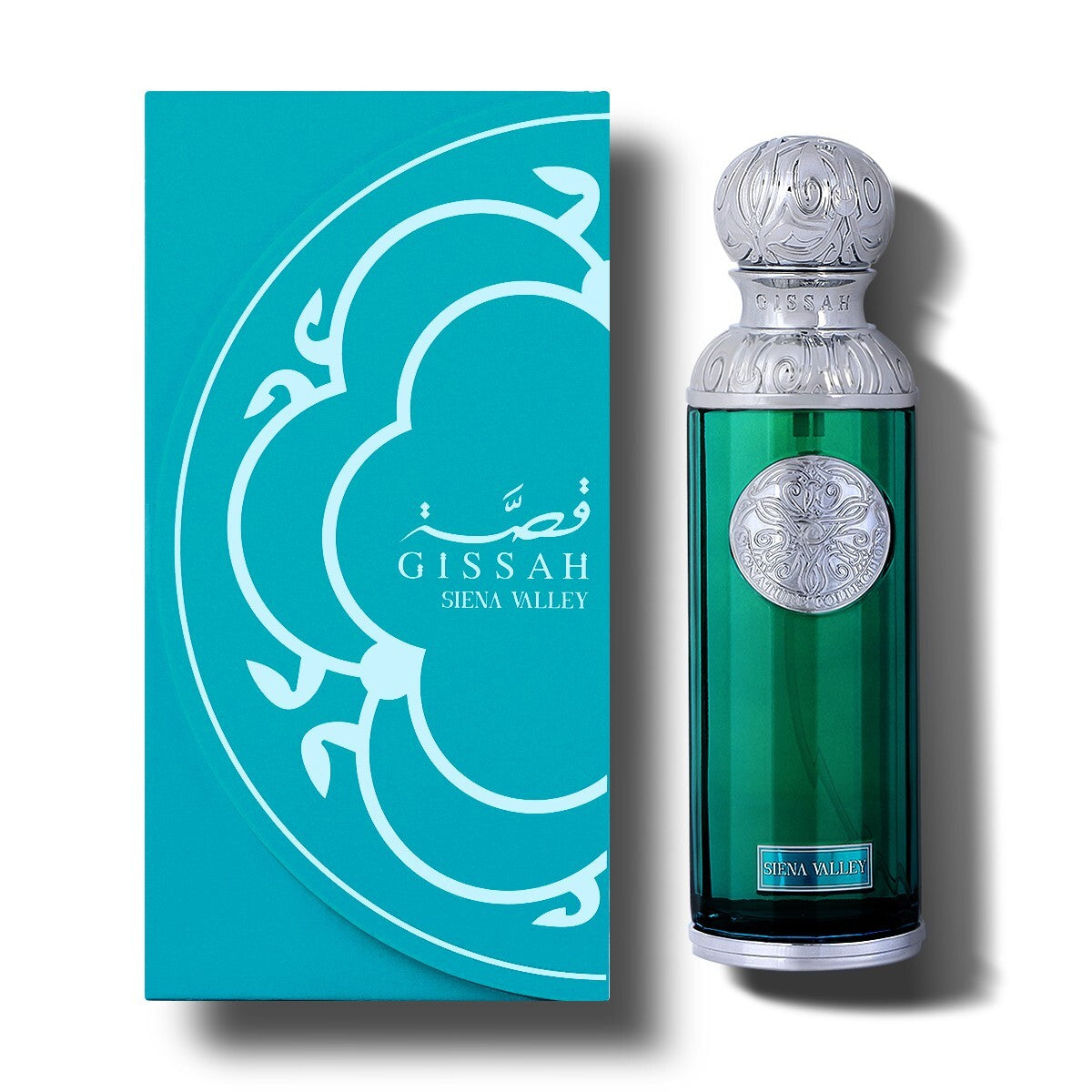 Gissah Siena Valley 200ml green perfume bottle and packaging on a white background