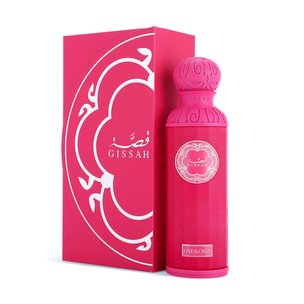 Gissah One and Only 200ml pink GISSAH perfume bottle and packaging on a white background