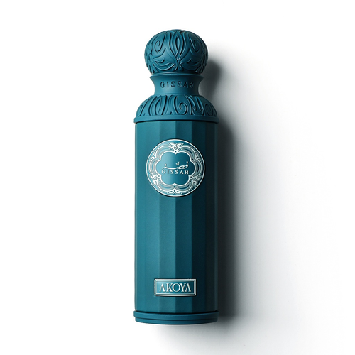 Gissah Akoya 200ml teal perfume bottle with decorative top on a white background