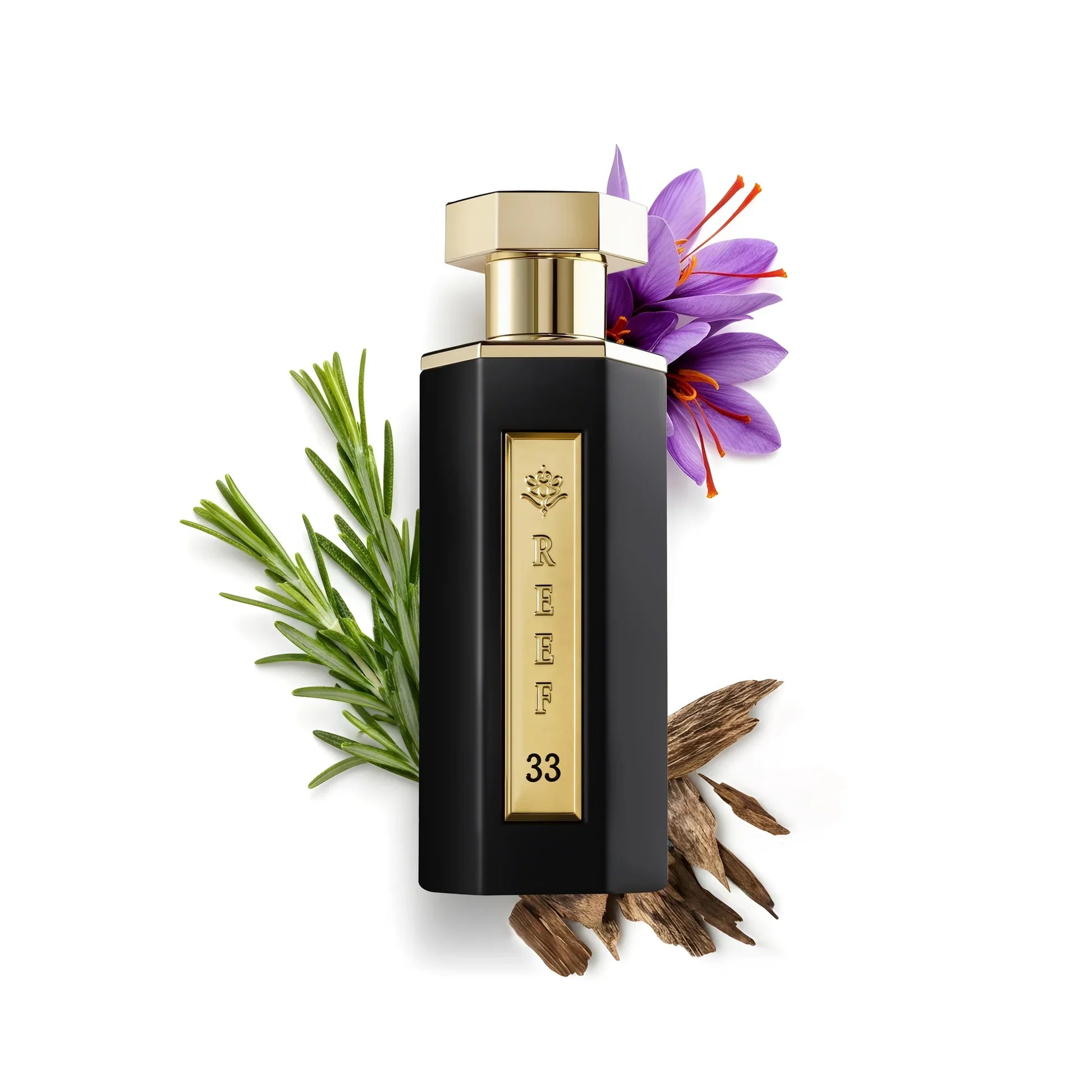 Reef 33 100ml bottle with gold cap and black body, surrounded by a purple flower and green leaves on a white background.