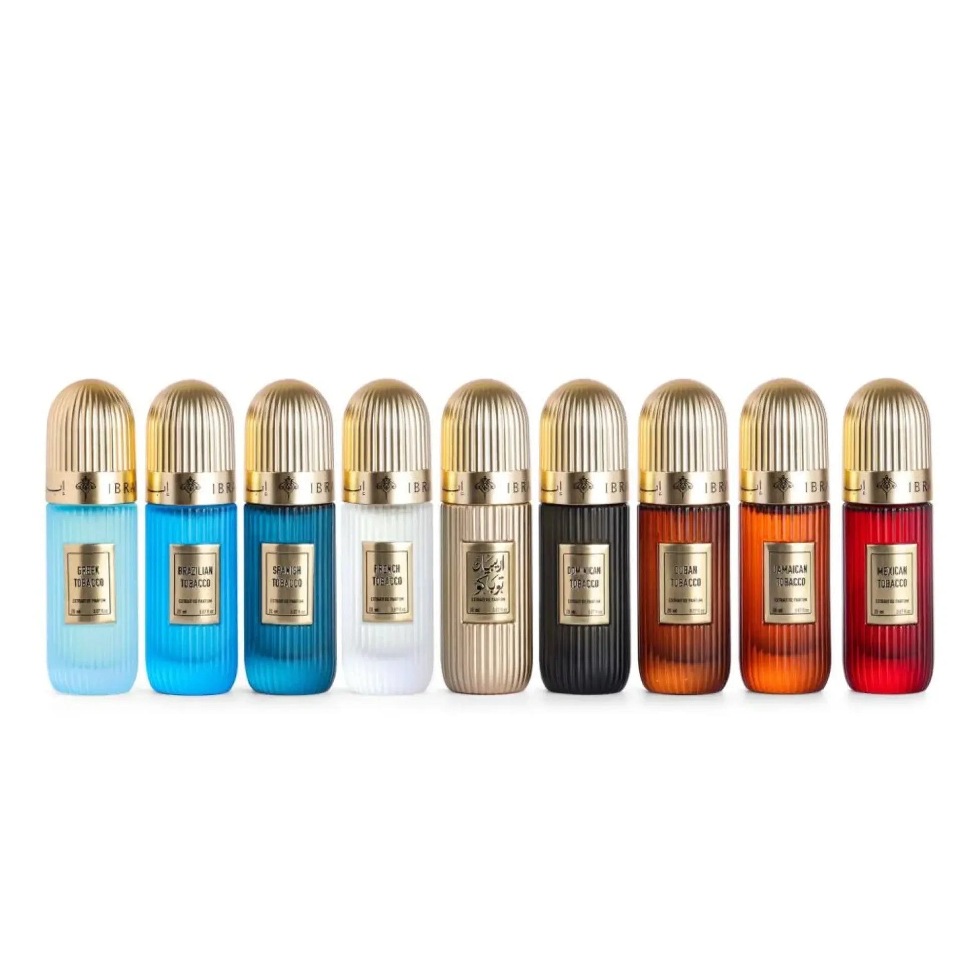 IBRAQ Tobacco 9-in-1 Collection Set of nine perfume bottles with gold caps on a white background