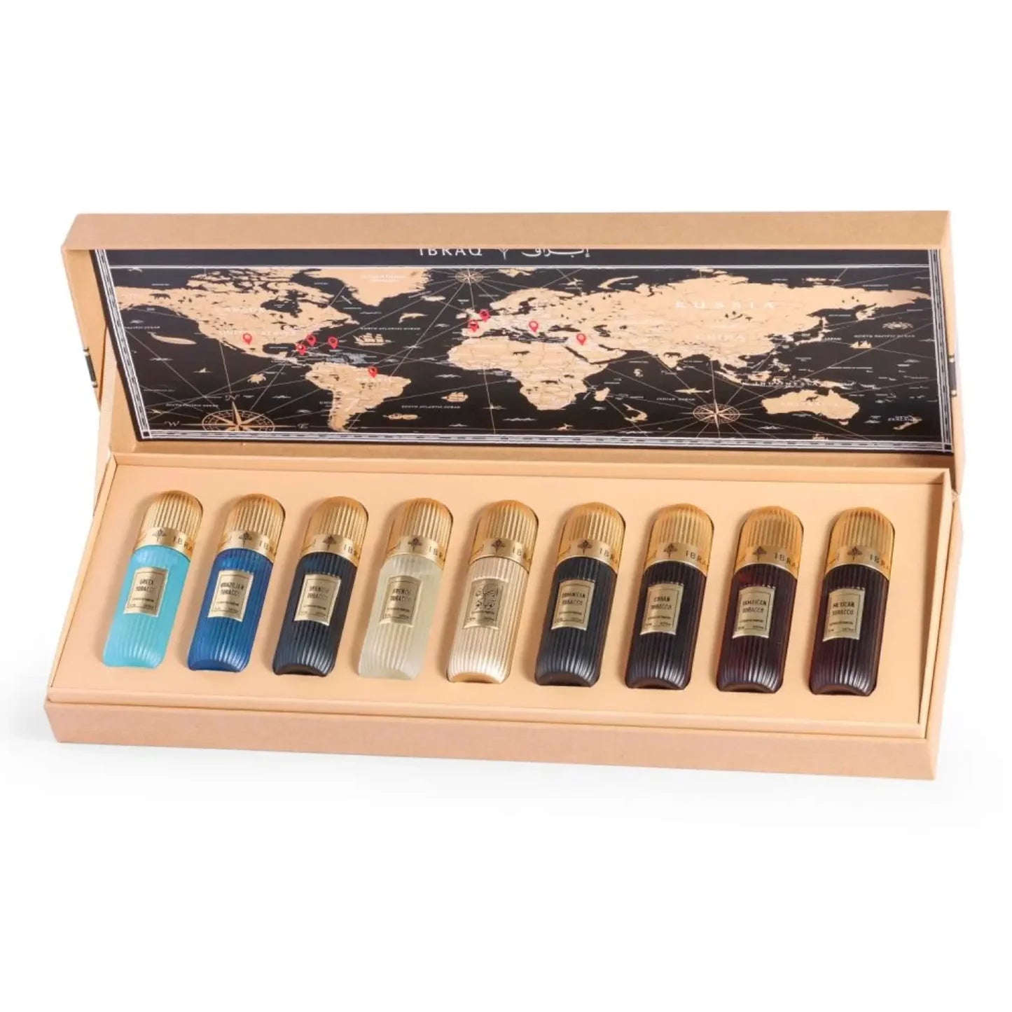 IBRAQ Tobacco 9-in-1 Collection Set of nine small bottles with gold caps in a wooden box featuring a world map.