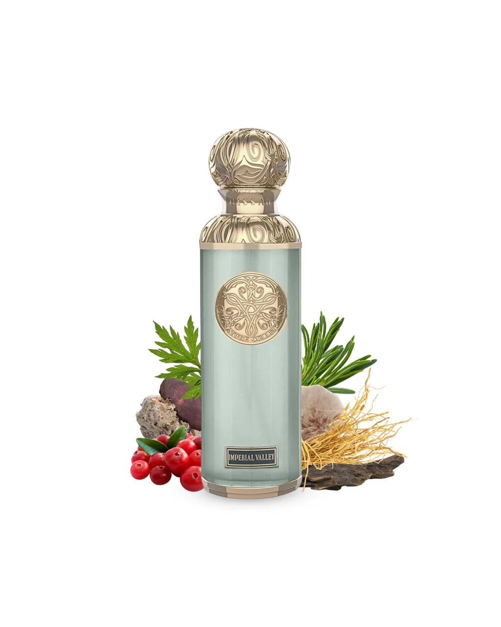 Gissah Imperial Valley 200ml perfume bottle with decorative elements on a white background