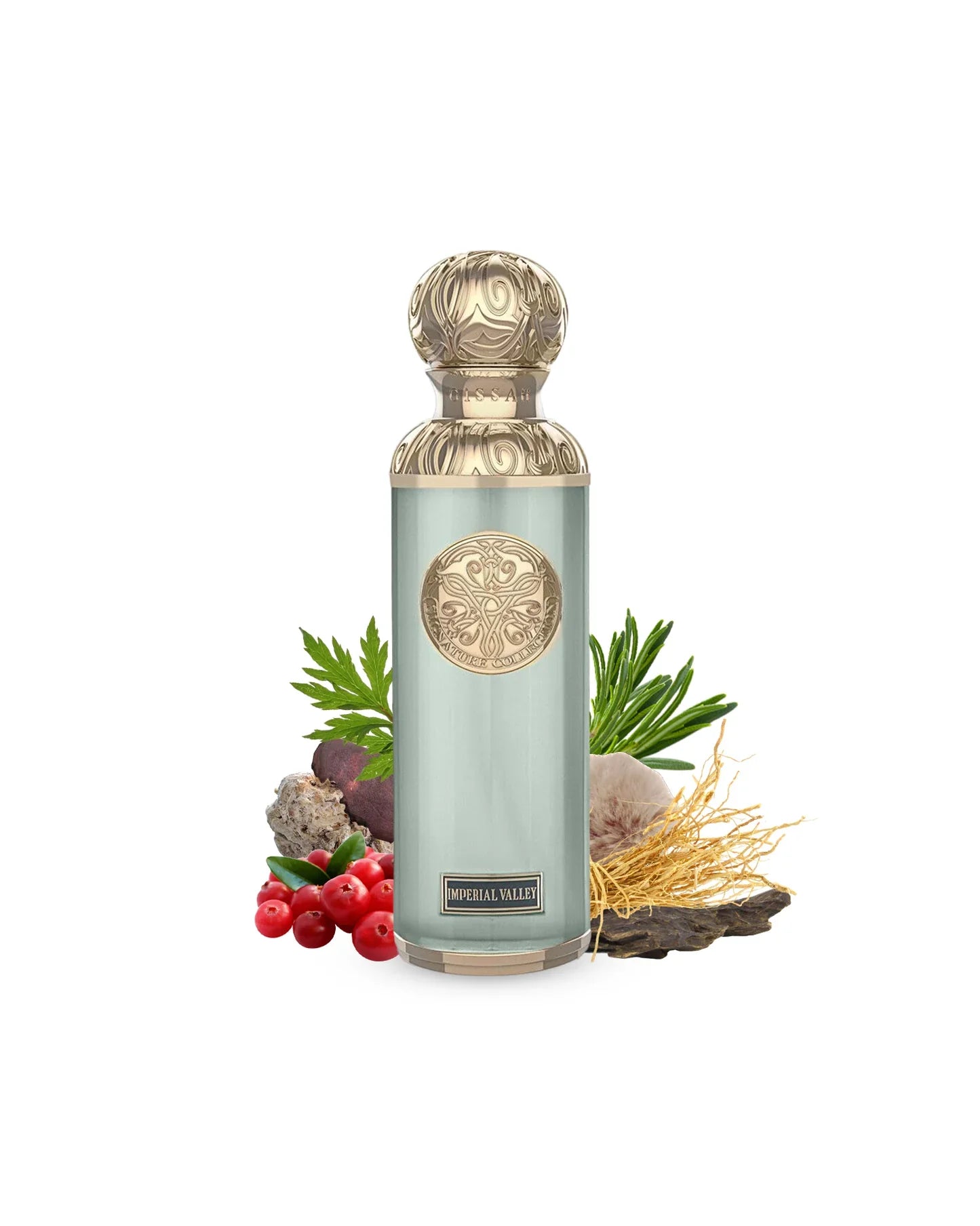 Gissah Imperial Valley 200ml perfume bottle with decorative elements on a white background