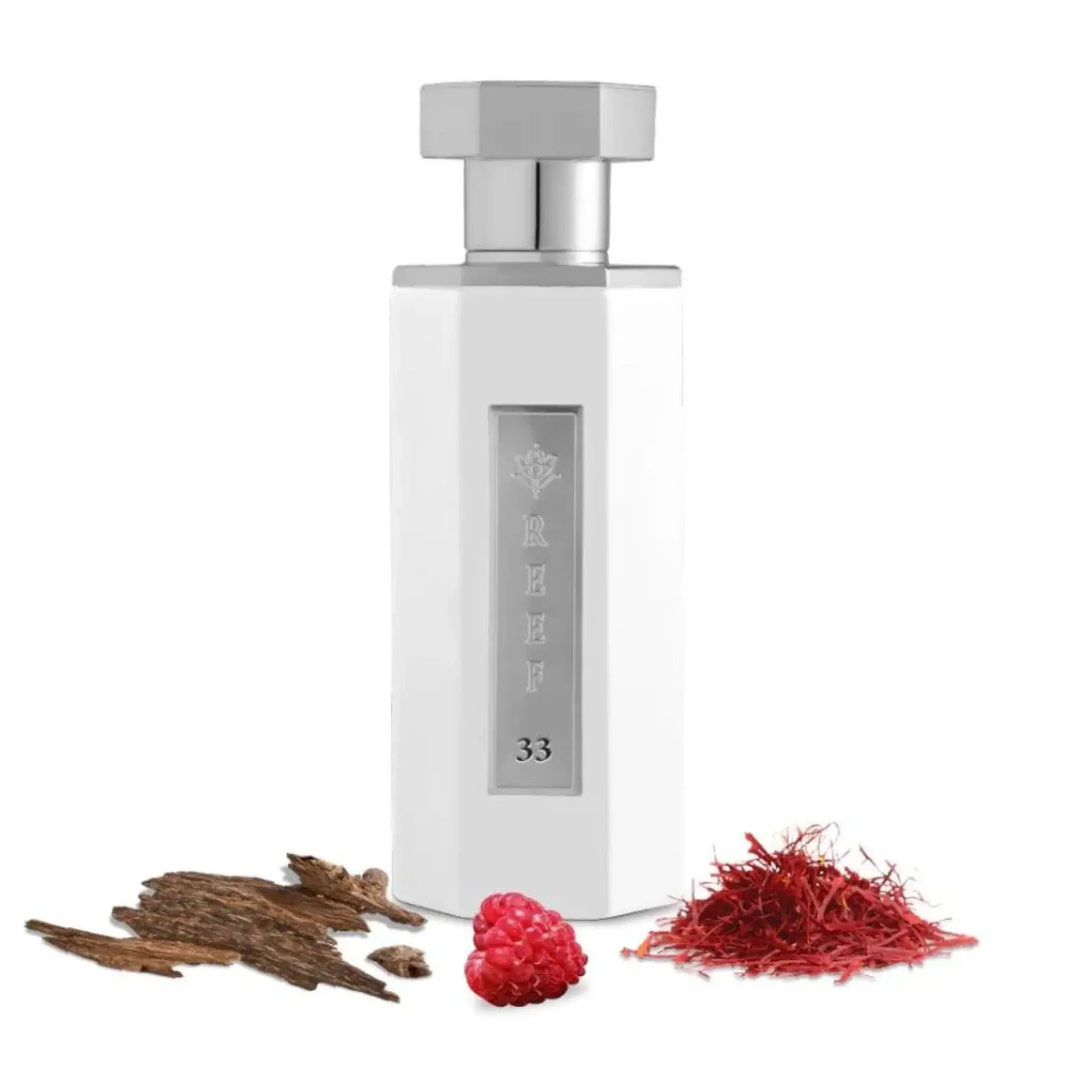 Reef 33 White 100ml bottle with silver cap on a white background, accompanied by saffron and other ingredients.