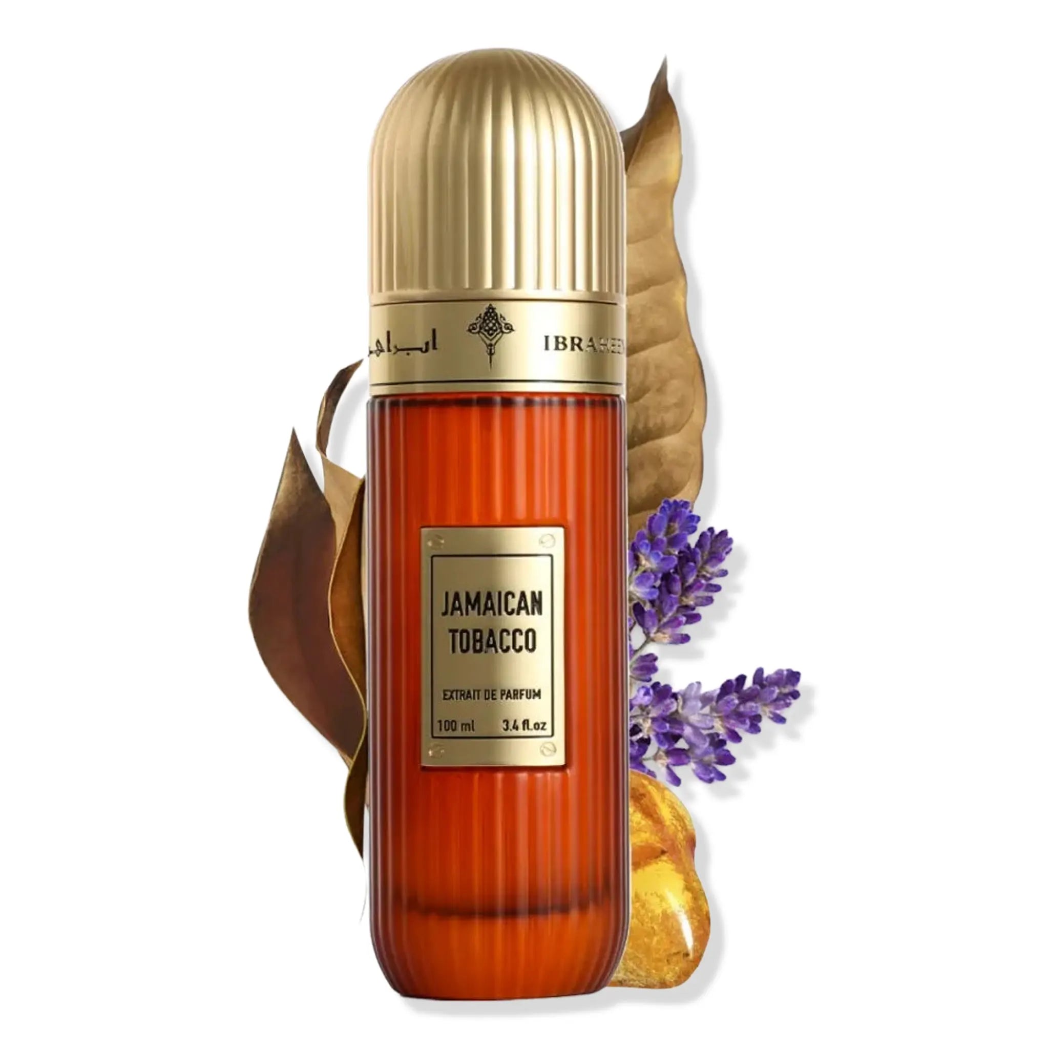 IBRAQ Jamaican Tobacco 100ml Extrait perfume bottle labeled 'Jamaican Tobacco' with gold cap and decorative elements on a white background