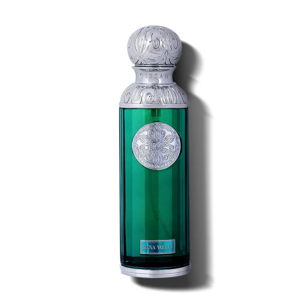 Gissah Siena Valley 200ml green perfume bottle with silver cap on a white background